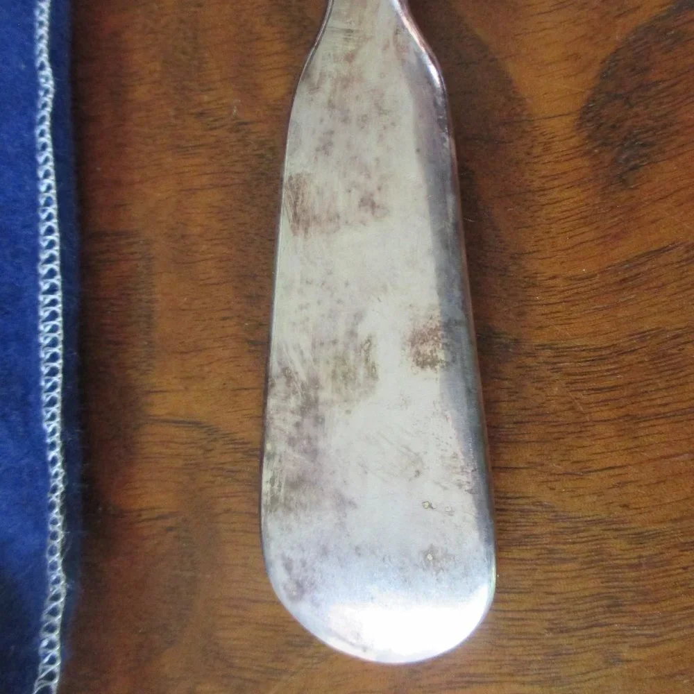 SG Hallmarked England Vintage Silverplate Serving Spoon with blue K&M sleeve